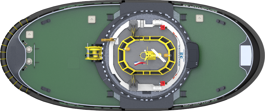 Top-down view of the Carrousel Rave Tug showing the rotating towing system and working deck