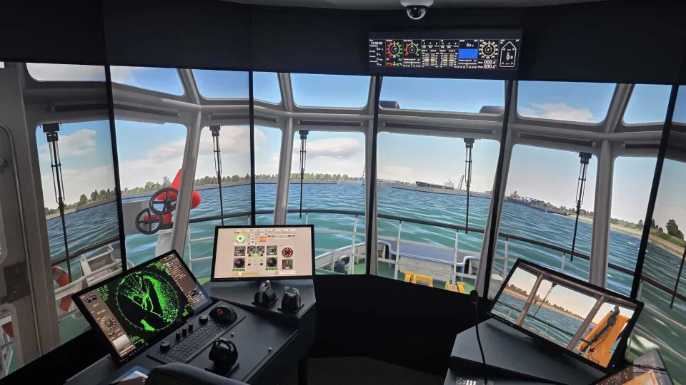 Full-mission simulator bridge at the Novatug and Multraship training centre in Terneuzen