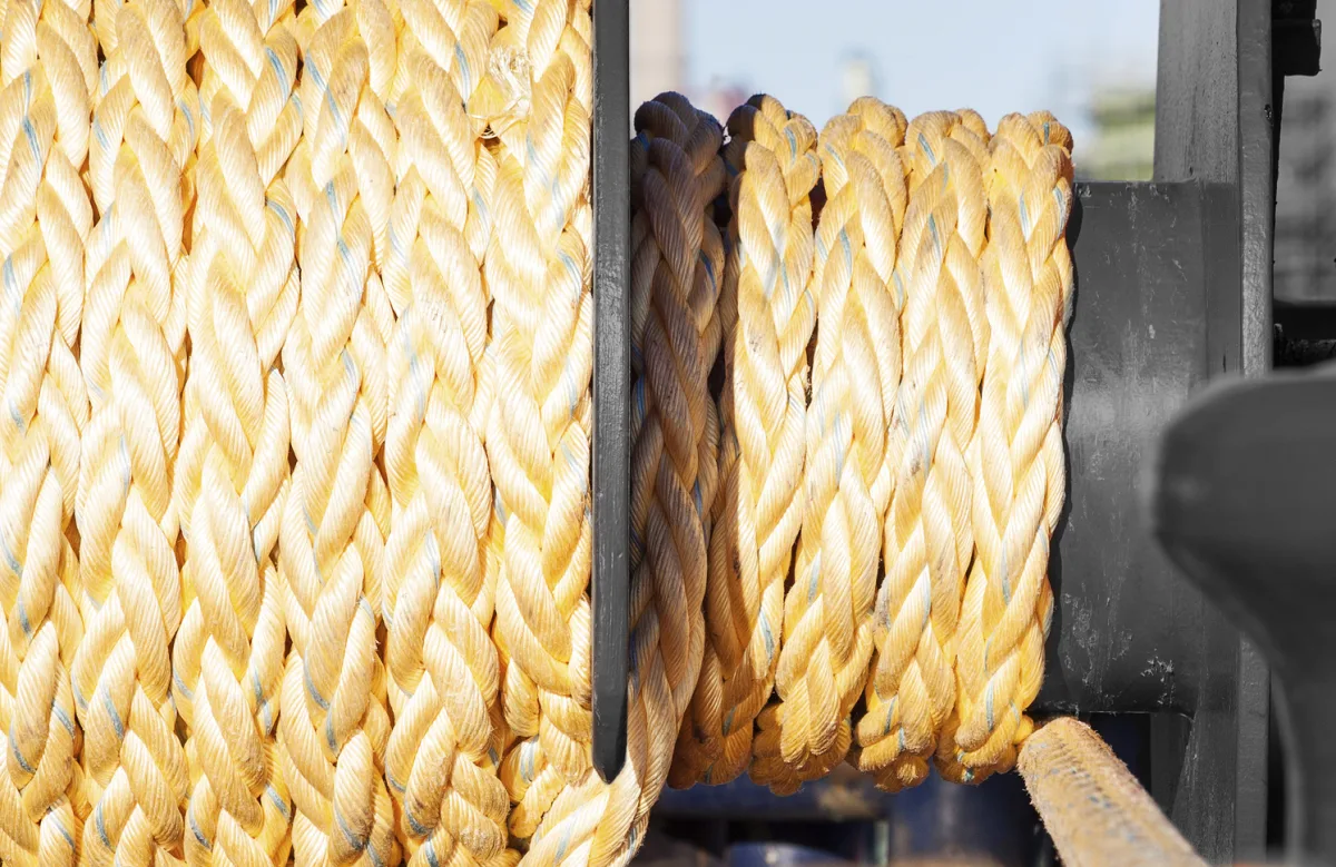Towline wound around a tugboat winch