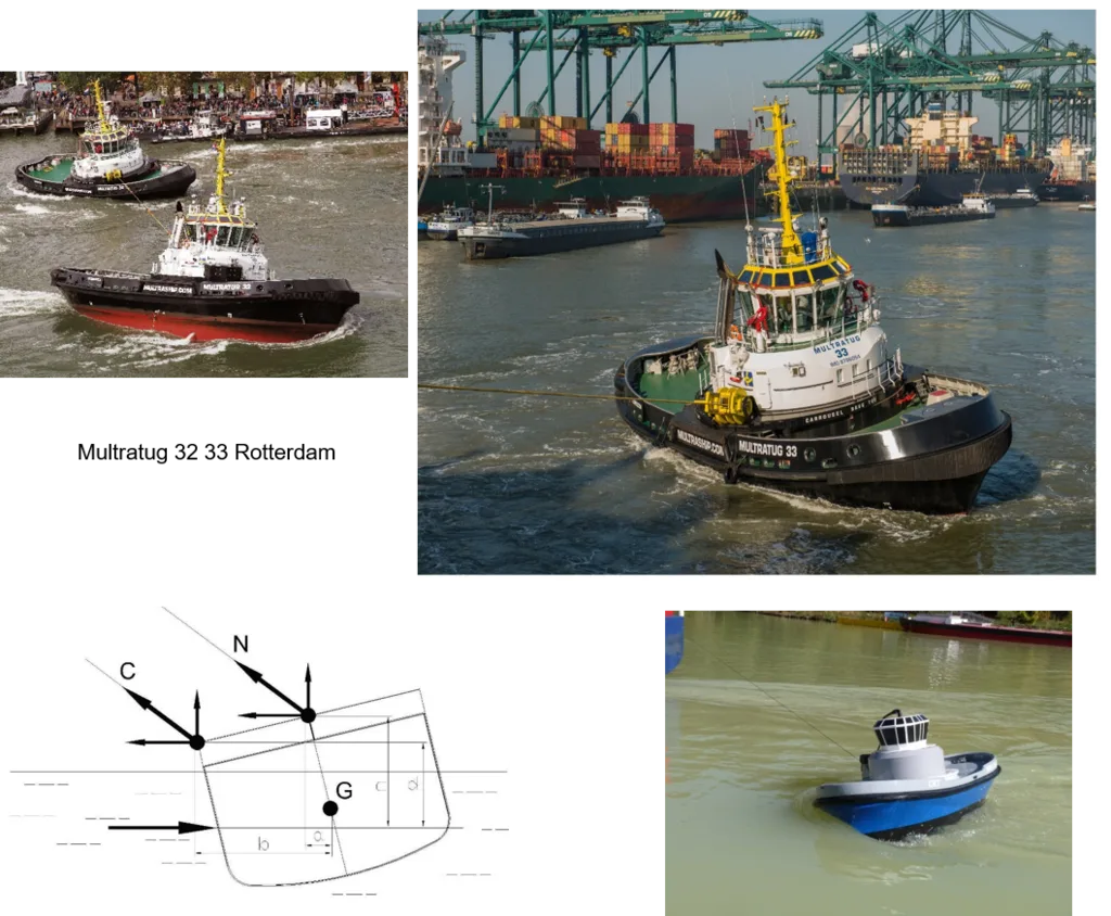 Port Revel Carrousel Rave Tug scale model alongside photographs and a tow-force diagram