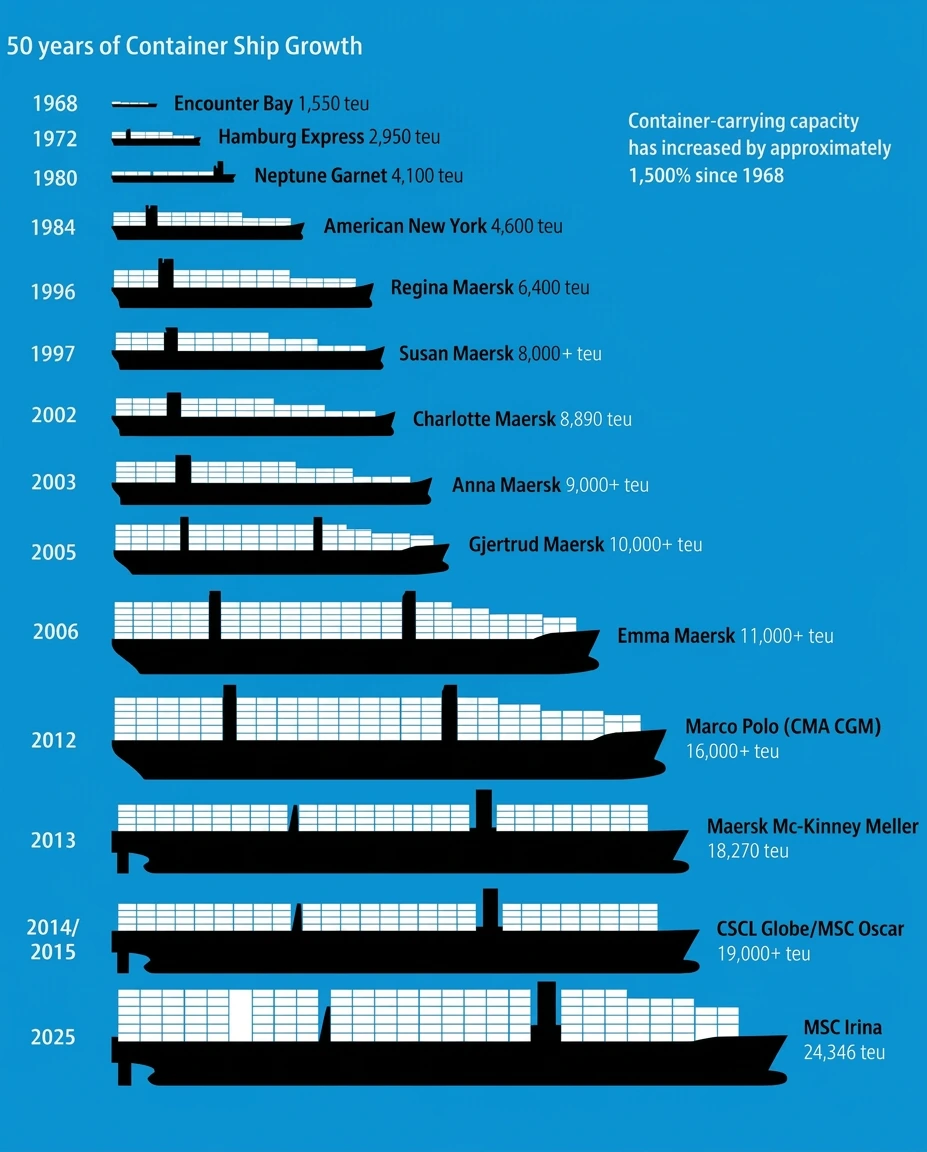 Container ship capacity growth from Encounter Bay in 1968 to MSC Irina in 2025