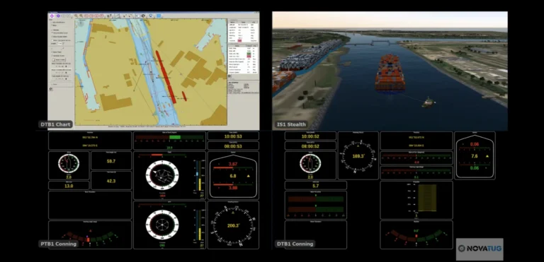 Dual simulator display showing a container vessel approaching a bridge with a CRT connected at the stern.